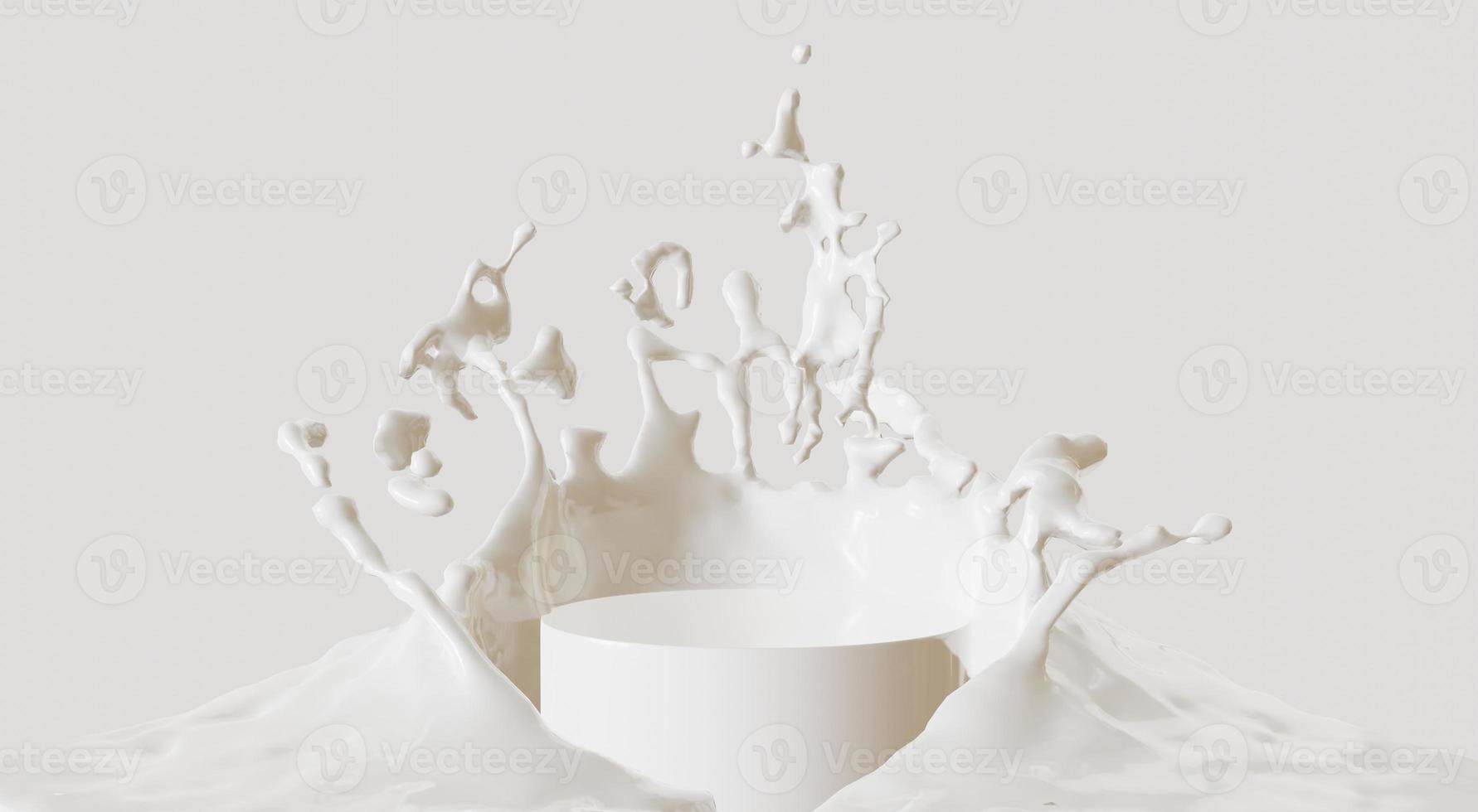 salpicaduras de leche en el podio blanco aislado en fondo blanco, representación 3d foto
