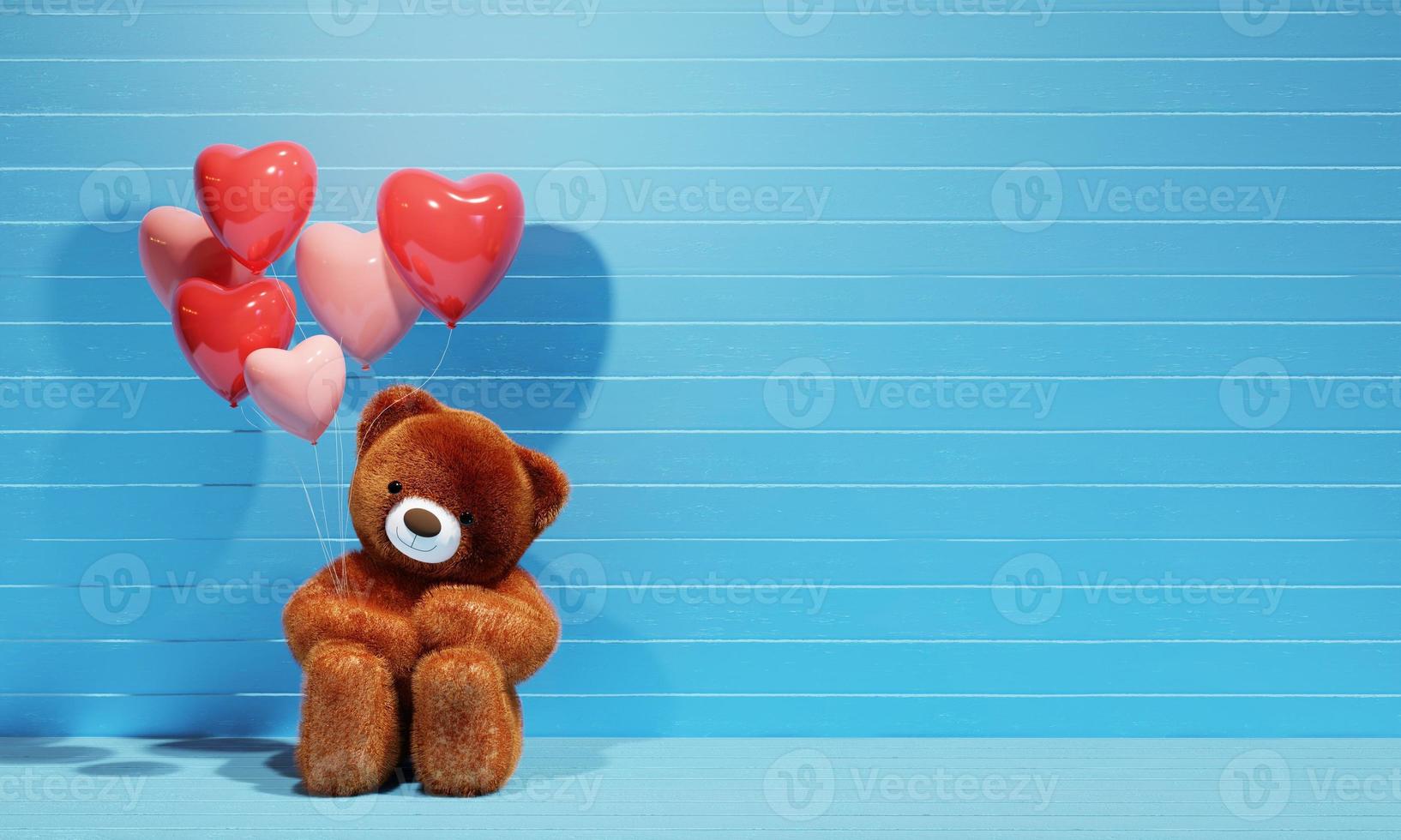 oso de peluche marrón sosteniendo globos de corazón con fondo azul. representación 3d foto