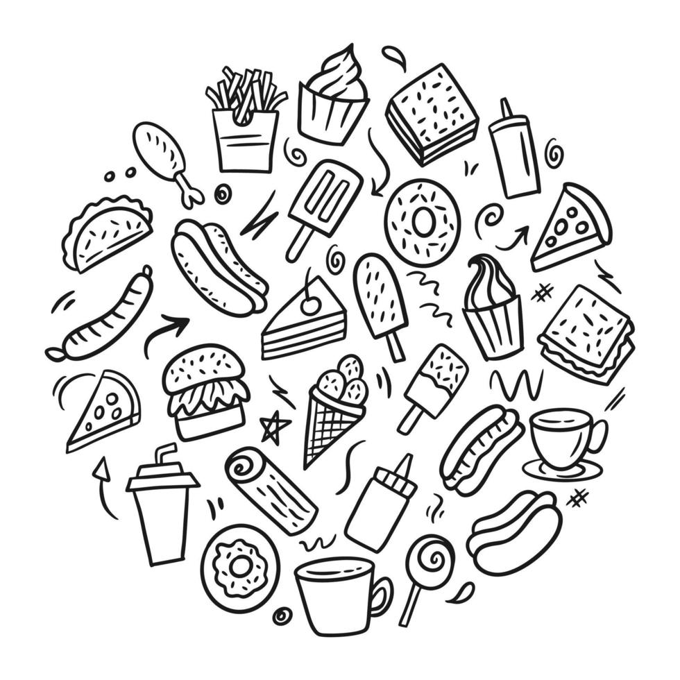 comida rápida doodle conjunto dibujado a mano vector