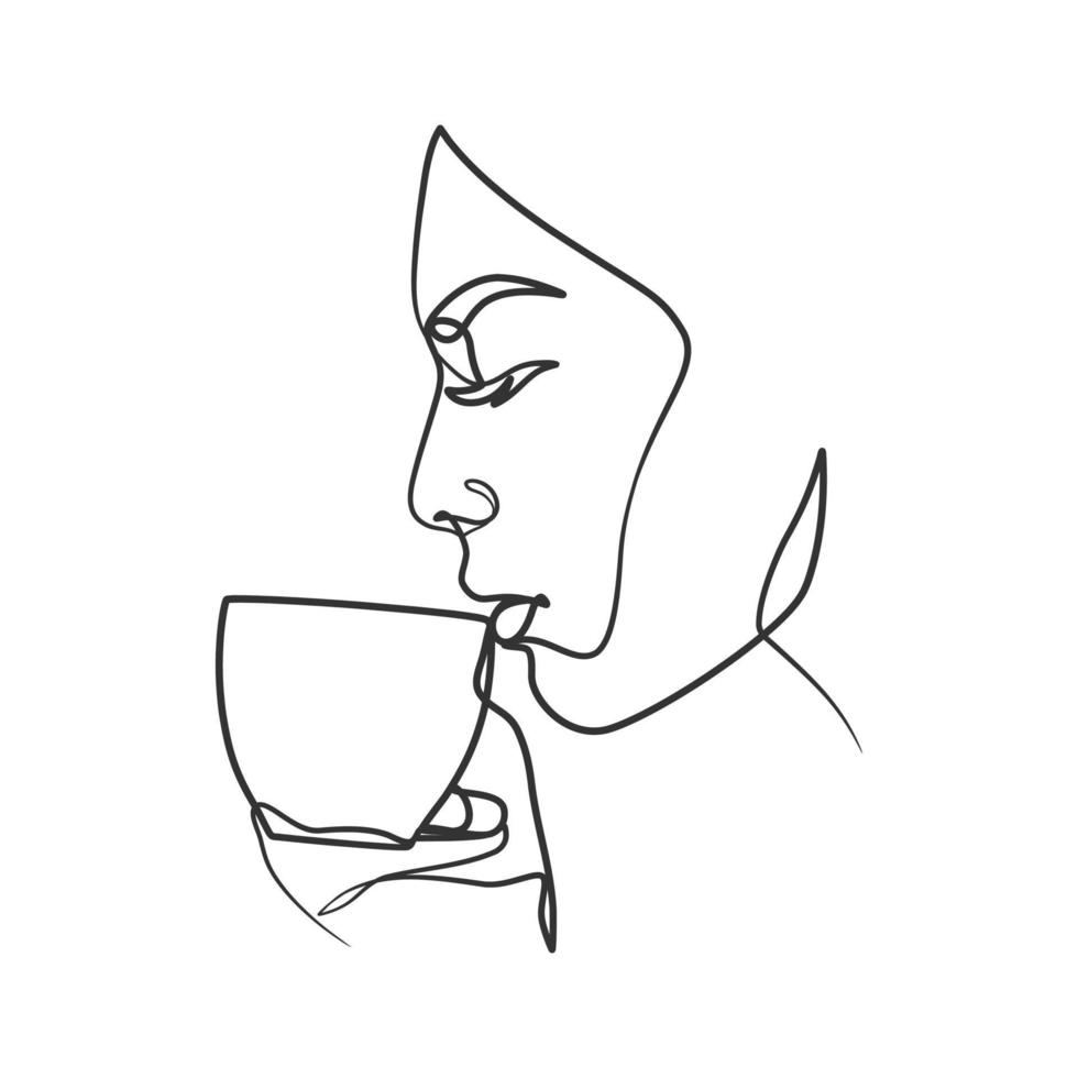 Continuous one line art drawing of woman drinking coffee vector