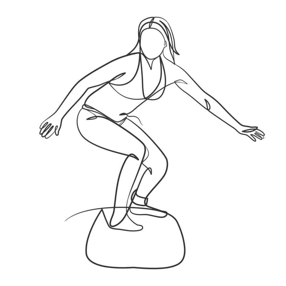 Continuous line drawing of a surfer girl with a surfboard vector