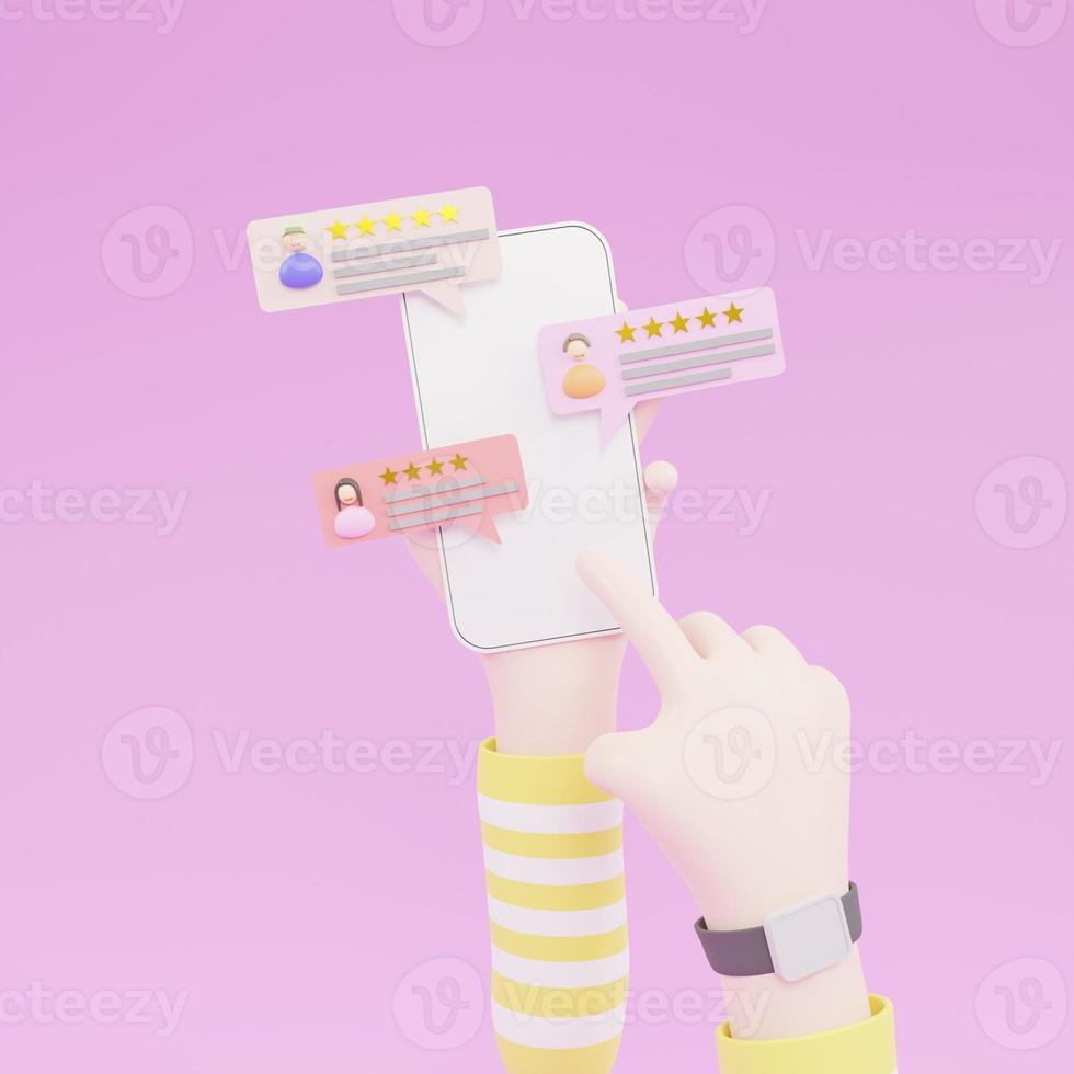 Cartoon hand holding the phone with review rating. Reviews stars with good and bad rates and text. 3D illustration photo