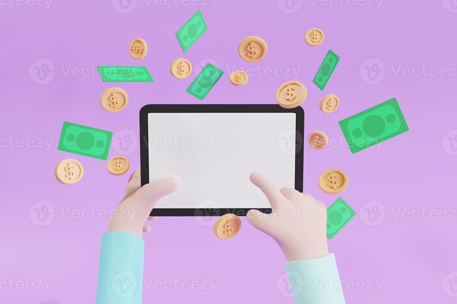 concept Make money with  content through mobile phones,  copy space, coins and cash  floating around, 3D illustration photo