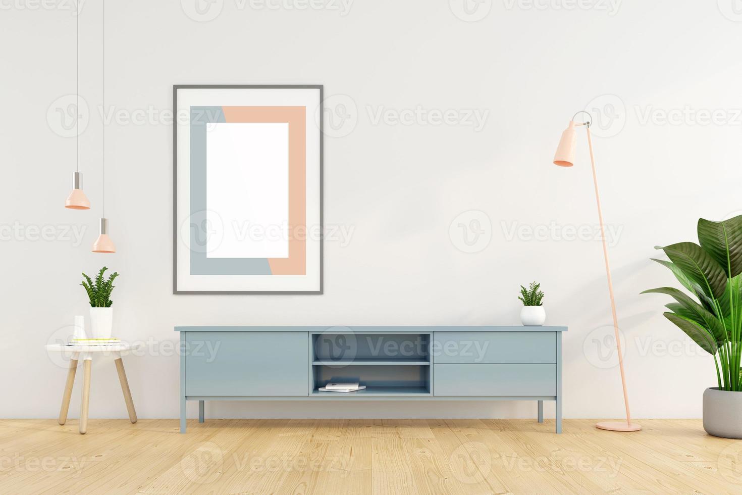 sala de estar minimalista con mueble de televisión en la pared blanca y marco de fotos. representación 3d foto