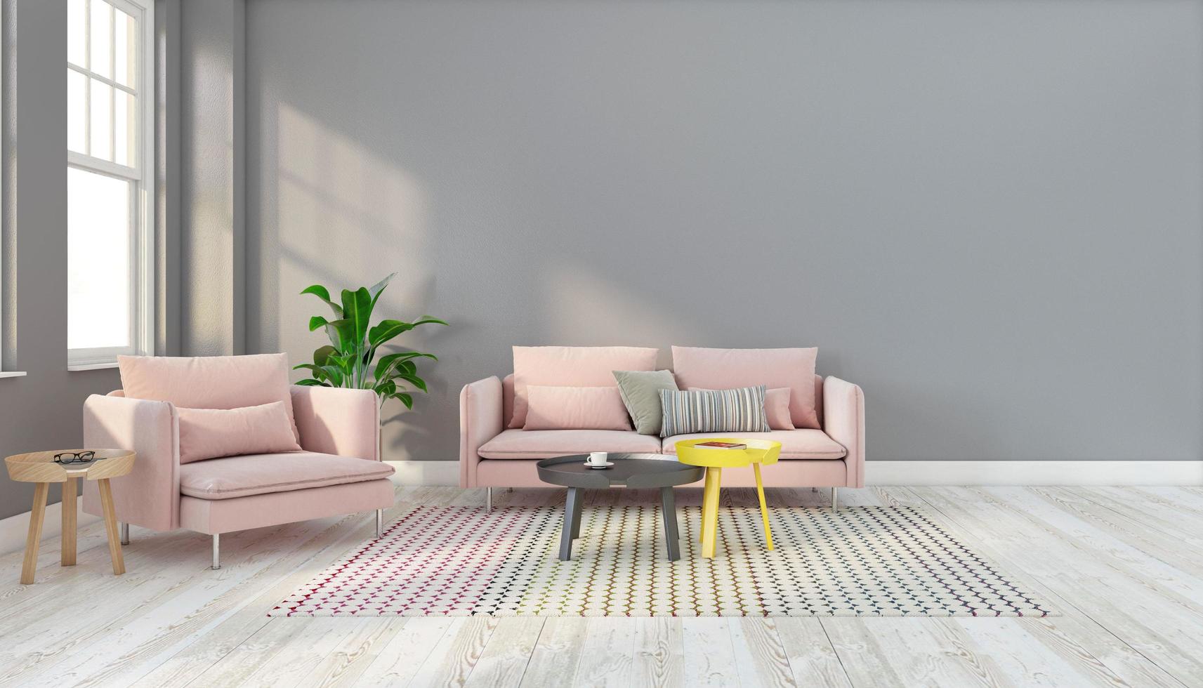 Minimalist living room with pink sofa and side table, gray wall and wood floor. 3D rendering photo