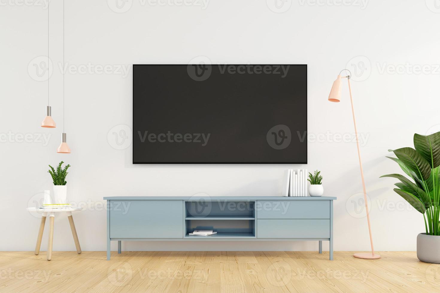 Minimalist living room with Tv cabinet on the white wall. 3d rendering photo