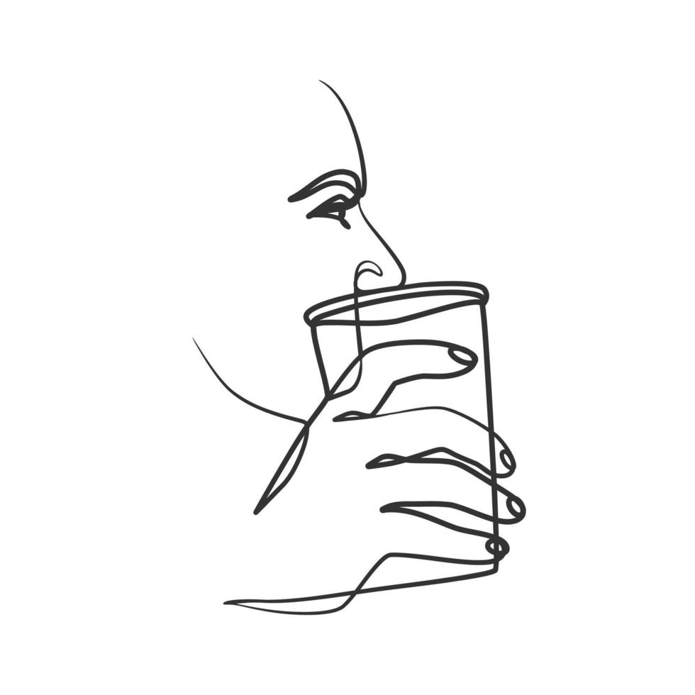 Continuous one line art drawing of woman drinking coffee vector