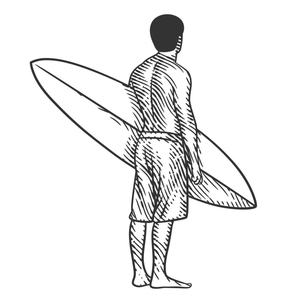 hombre con ilustración de vector de tabla de surf en estilo de grabado