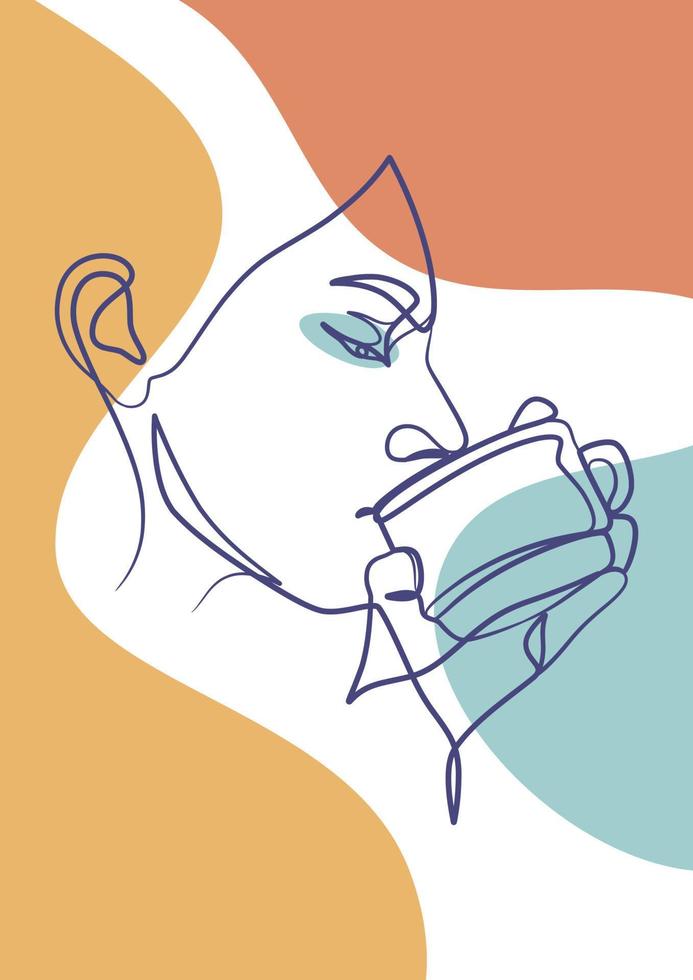Continuous line art drawing poster of woman drinking coffee or tea vector