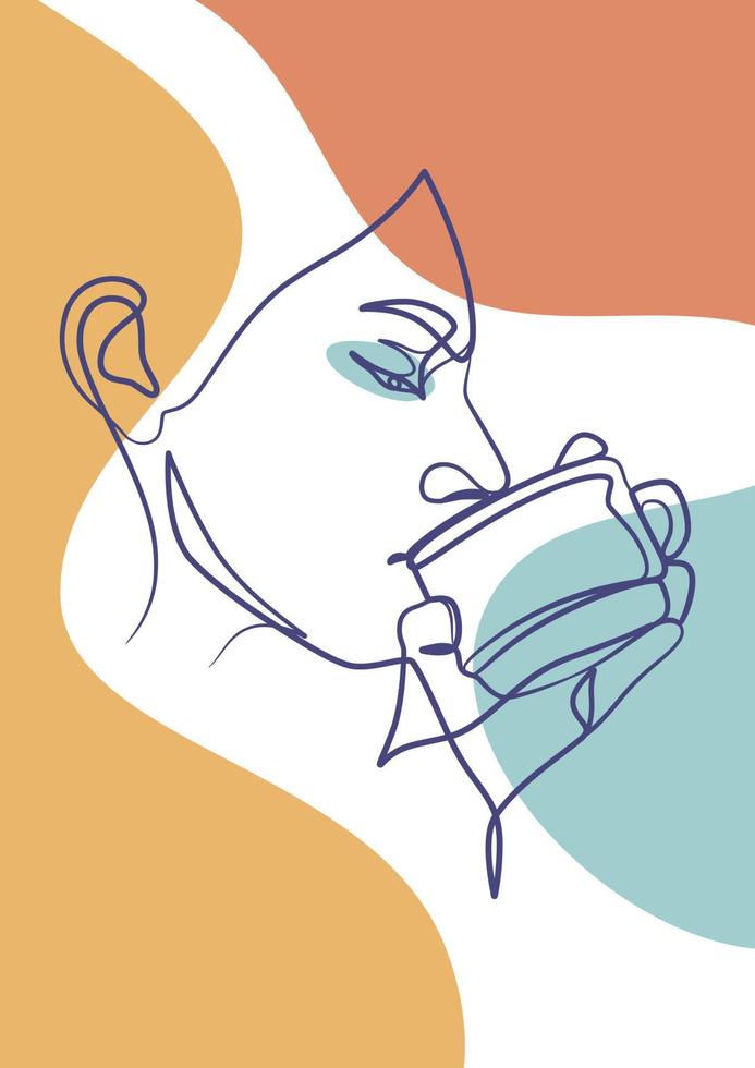 cartel de dibujo de arte de línea continua de mujer bebiendo café o té vector