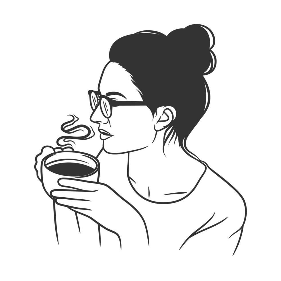dibujo de arte lineal de mujeres bebiendo café o té vector