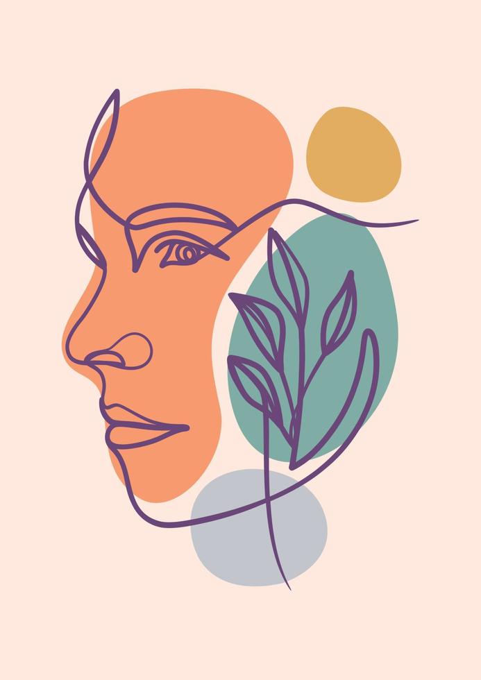 Woman face one line art drawing poster with plant vector