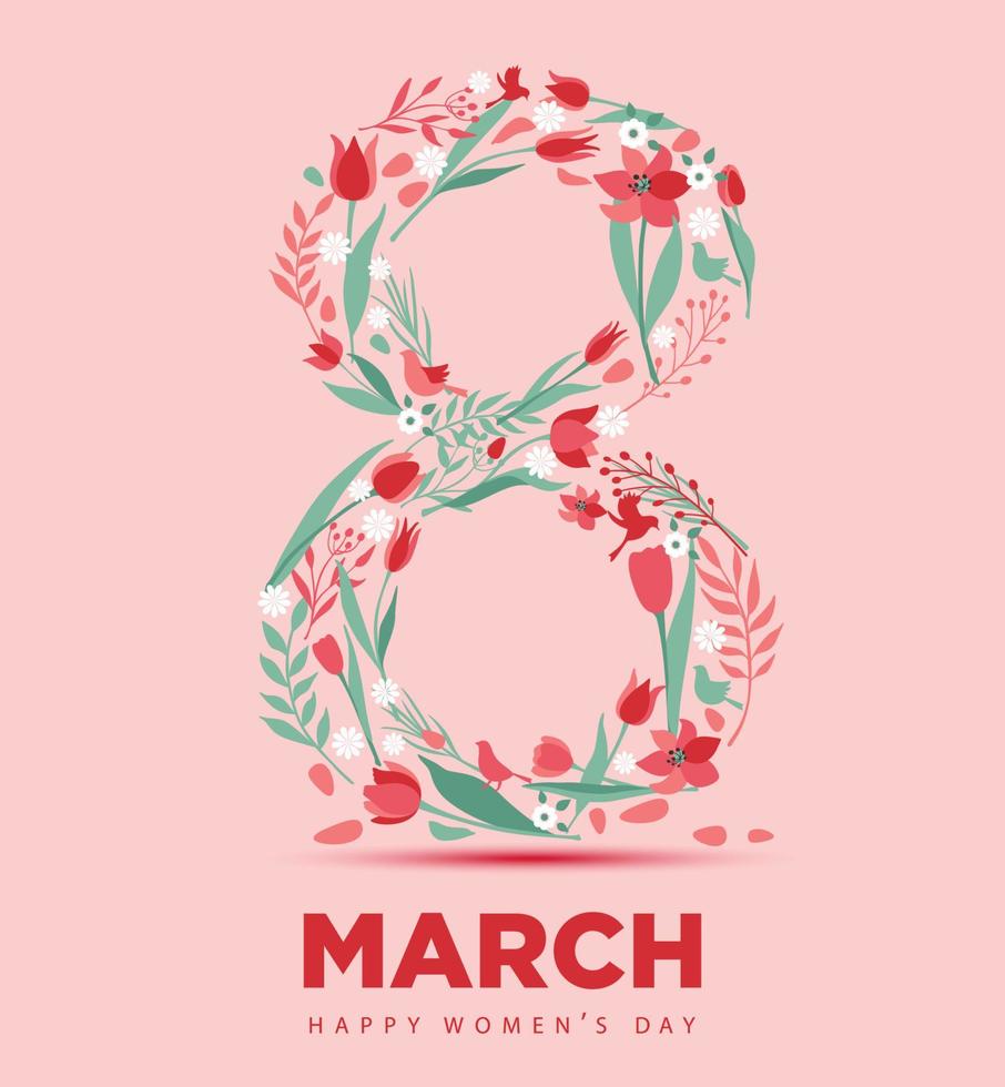 Graphic design postcard for International Womens Day with 8 March inscription and tulipsi. Vertical greeting card with flower in in the figure of eight. vector