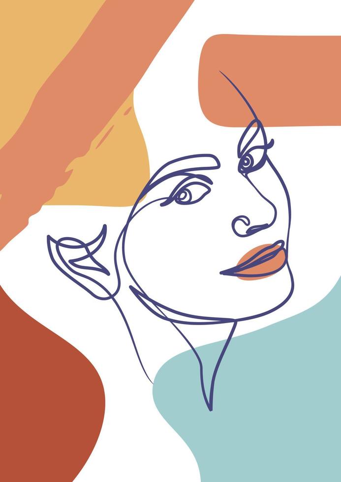 Woman face one line art drawing poster. Continuous line drawing style vector