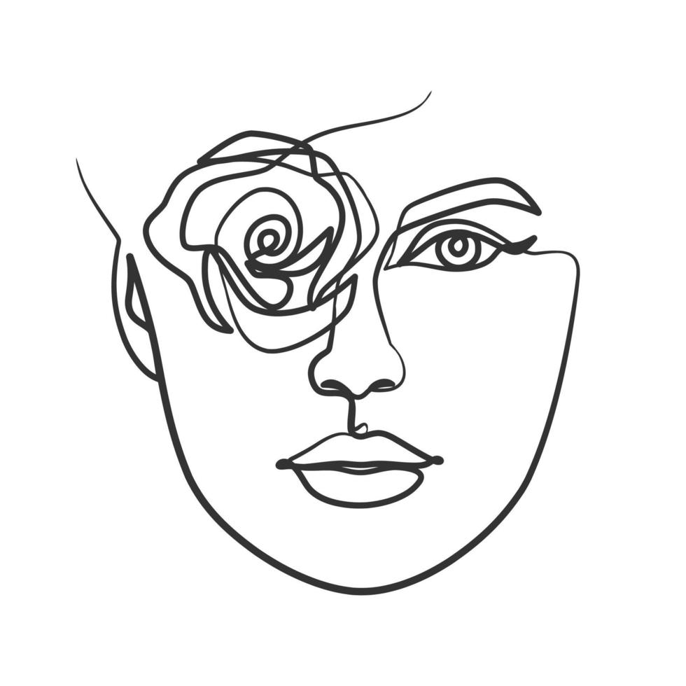 Continuous line drawing of woman face. Woman face with plant vector