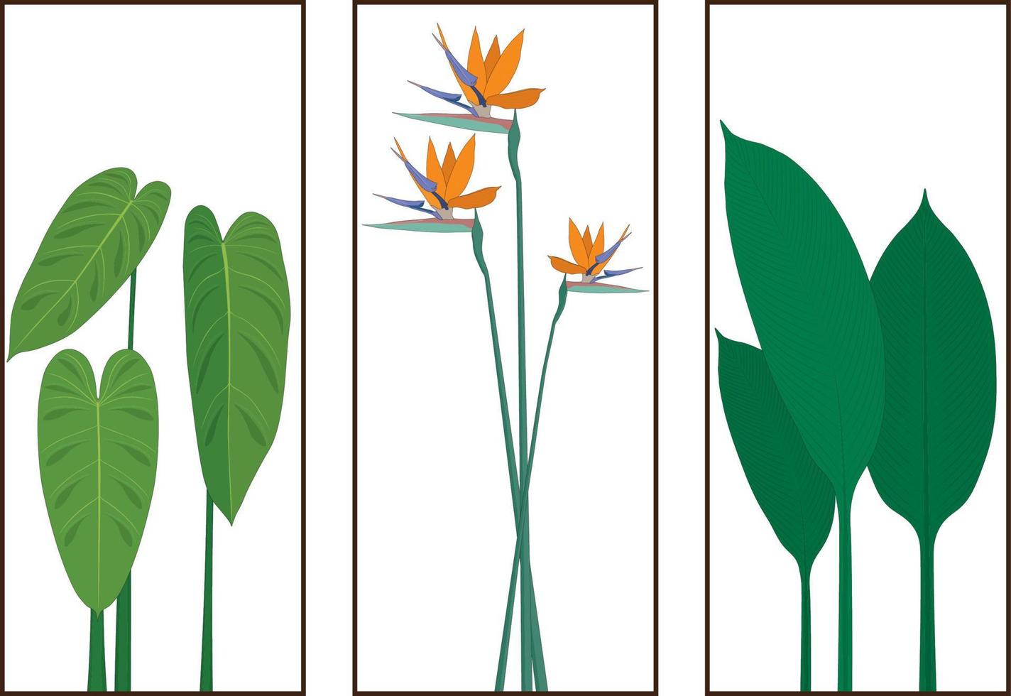 Flores y plantas tropicales pintura tríptico ilustración vectorial vector