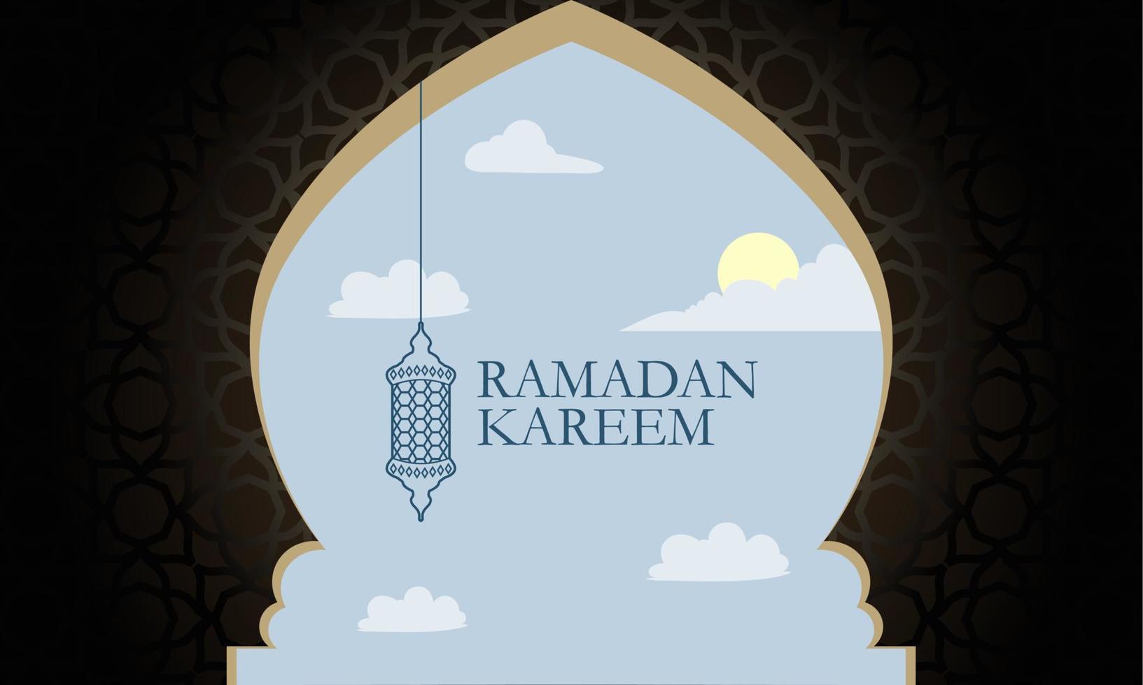 The background of Ramadan kareem with the shadow of the elegant mosque door along with blue sky and beautiful lanterns vector