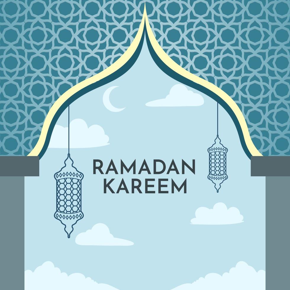 The background of Ramadan with islamic mosque ornaments and blue lanterns and beautiful clouds vector