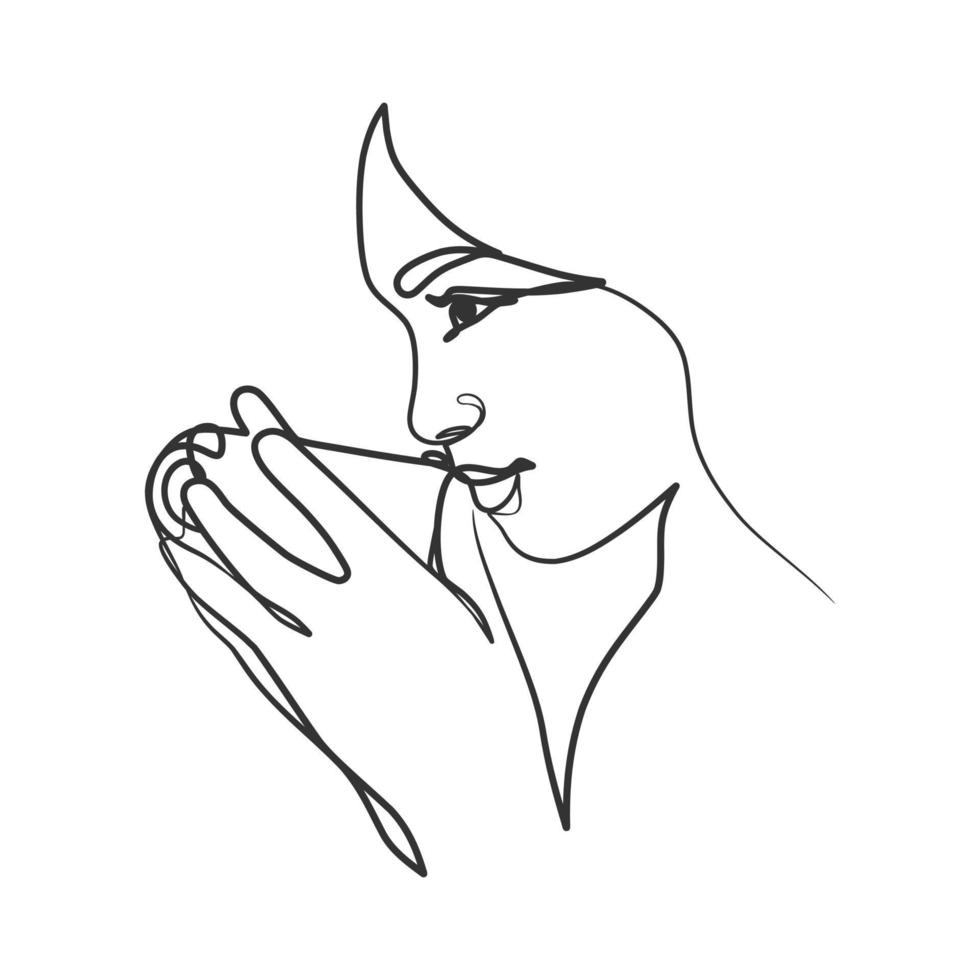 Continuous one line art drawing of woman drinking coffee vector