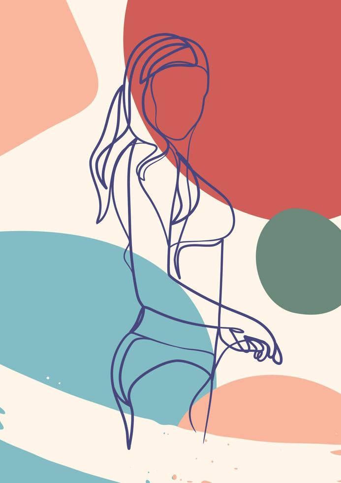 Continuous one line art poster of woman body in bikini vector