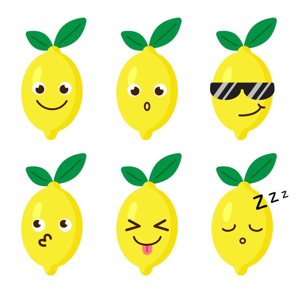 Set of lemon emojis. Kawaii style icons, fruit characters. Vector illustration in cartoon flat style. Set of funny smiles or emoticons. Good nutrition and vegan concept. illustration for kids