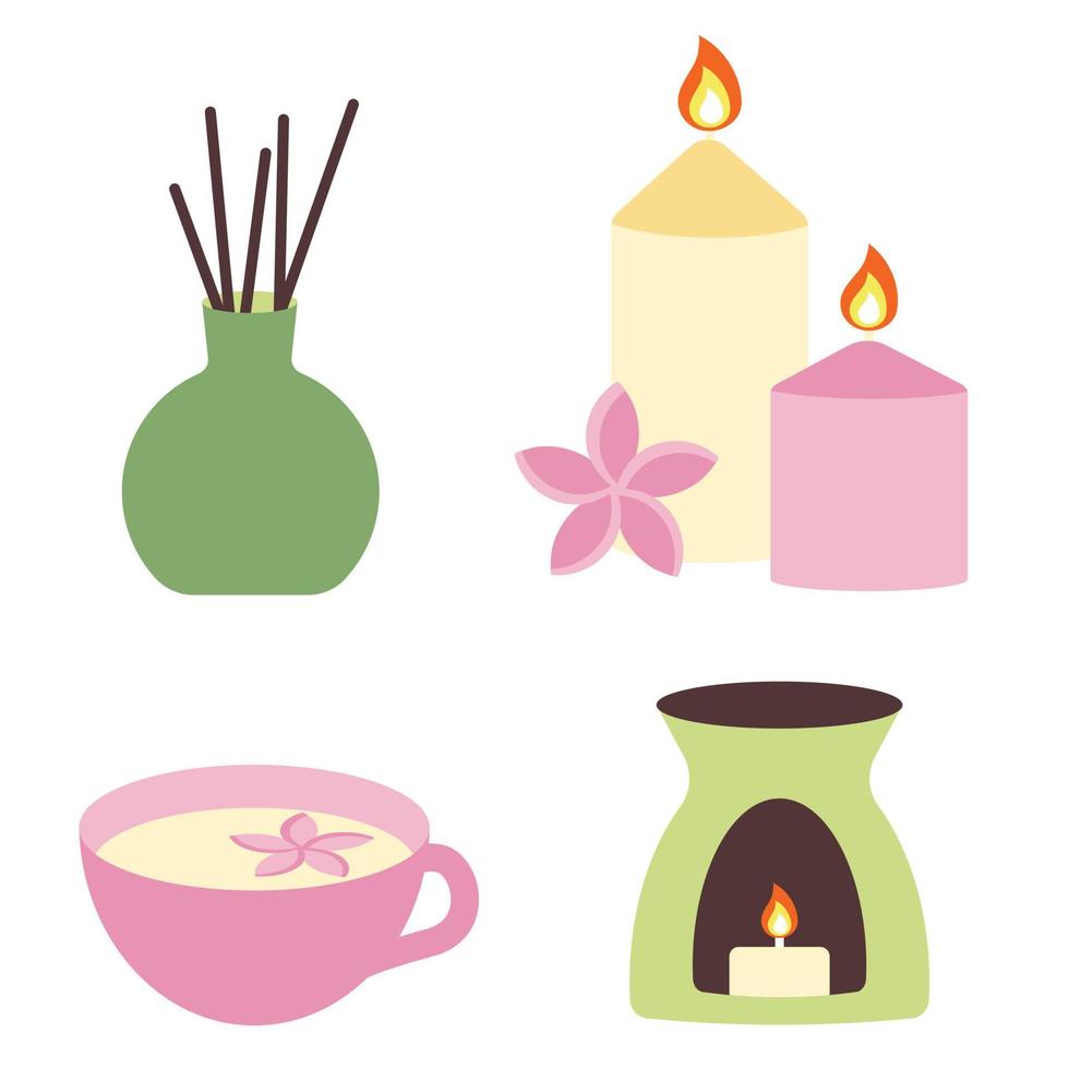 Set of elements for spa and relaxation. Oil burner, cup with herbal tea, essential oil diffuser and aroma candles. Accessories for relax, meditation and personal care. Beauty and massage salon vector