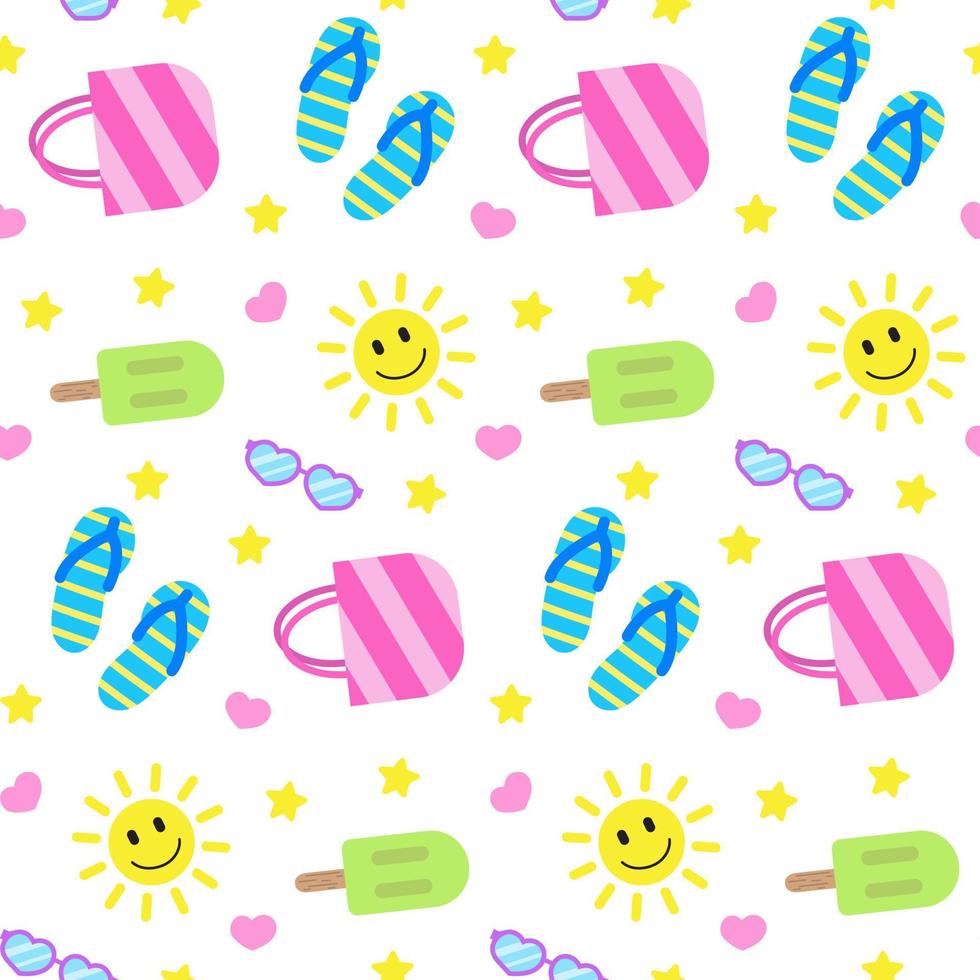 Summer seamless pattern, colorful elements on dark board. Smiling sun, bag, sunglasses, and ice creams. Vector illustration in flat style. Print for textile, wrapping paper, design and decor