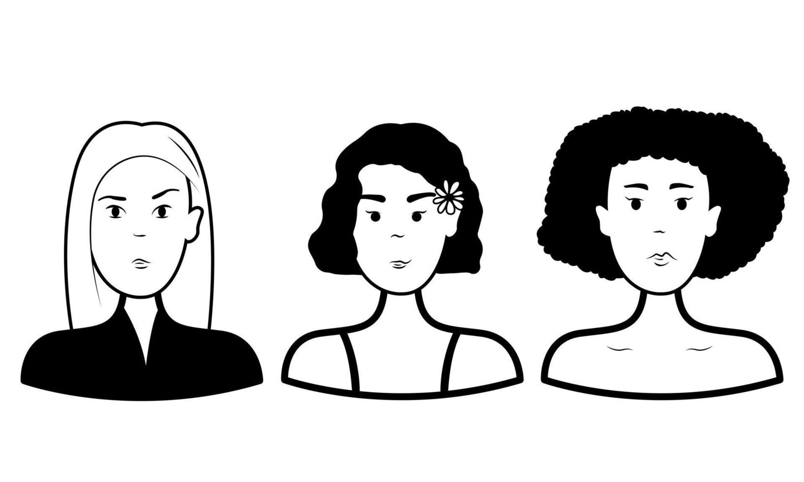 Doodle set people face. Three girls. Vector outline. Black and white illustration