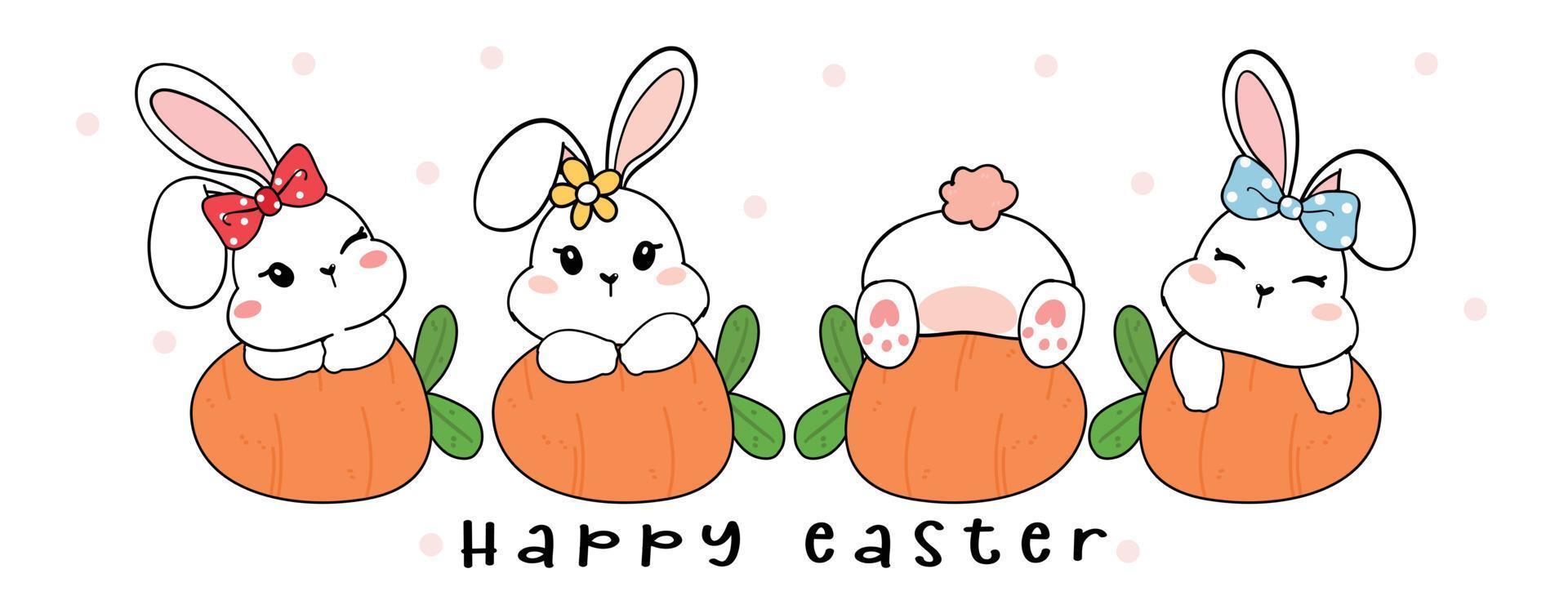 group of cute white bunny baby rabbit on orange carrots, happy easter, cartoon drawing outline vector idea for banner