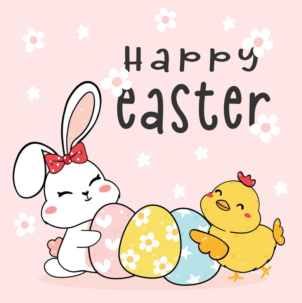 cute white bunny rabiit and baby chicken hug Easter eggs, Happy Easter time, cartoon drawing outline vector