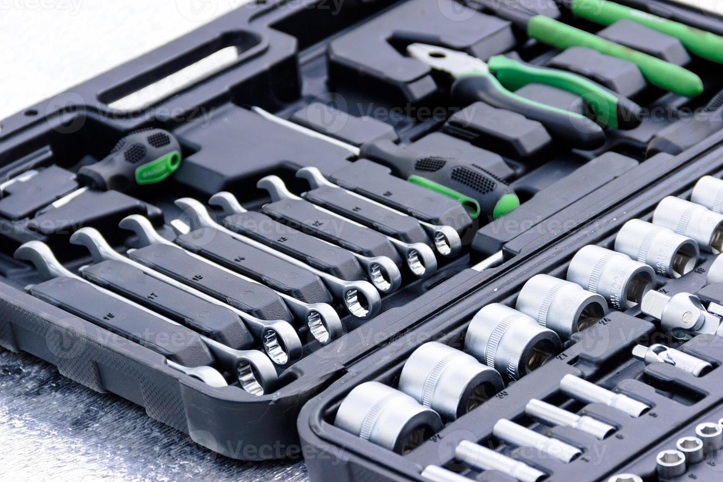 Set of tools for car repair in box, closeup photo
