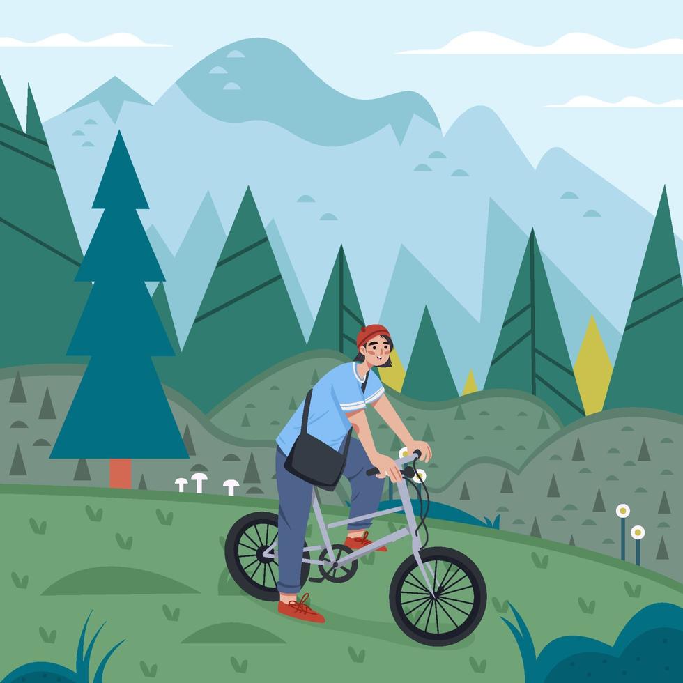 Cyclist Enjoy Hill View Concept vector