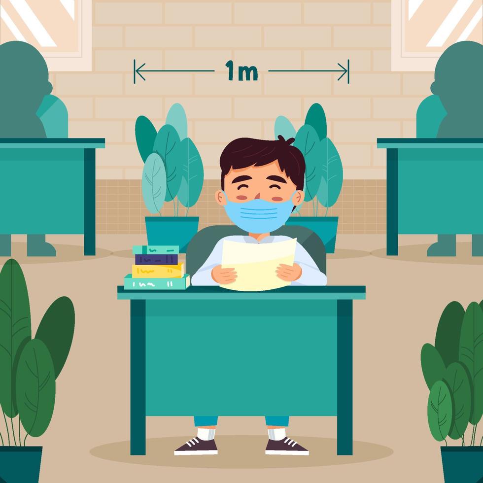 Boy Sit With Distance In Classroom Concept vector