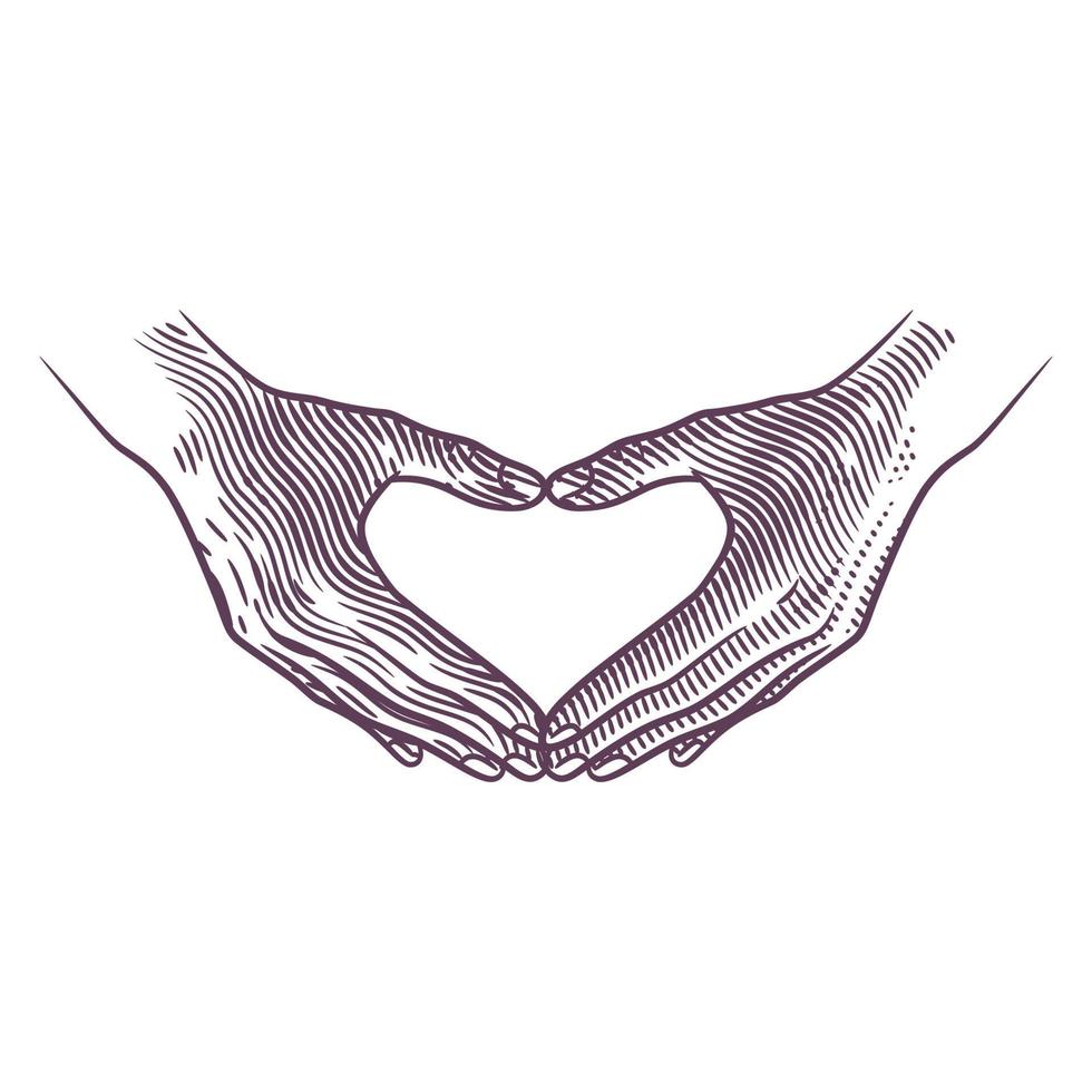 Hand fingers making heart shape in engraving style vector