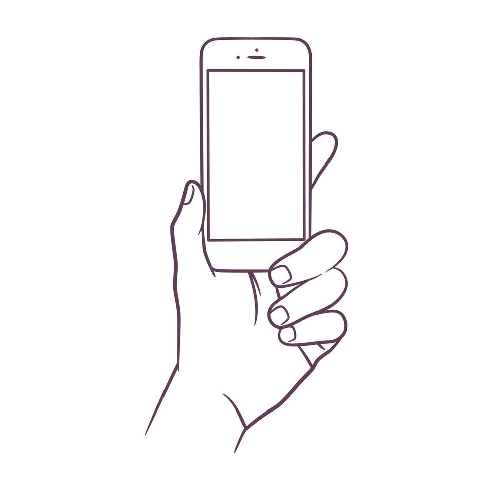 Line art drawing of hand holding smart phone vector