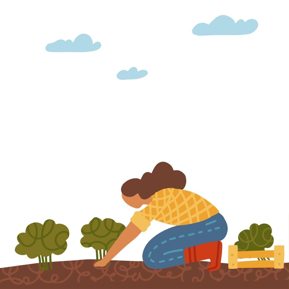 concepto de producción orgánica. mujer cultiva repollo de brócoli aislado sobre fondo blanco. proceso de cultivo local. alimentos orgánicos saludables para carteles, sitios web, folletos. ilustración plana vectorial vector