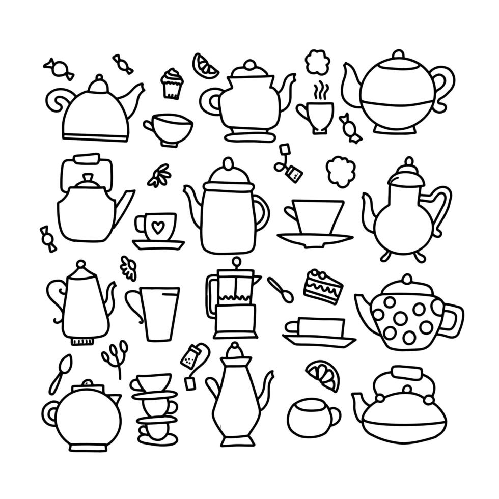 Hand drawn vector doodle illustration of tea kettle. Teapot icon line doodle symbol. Monoline quality sketch art isolated element in trendy scandinavian style.