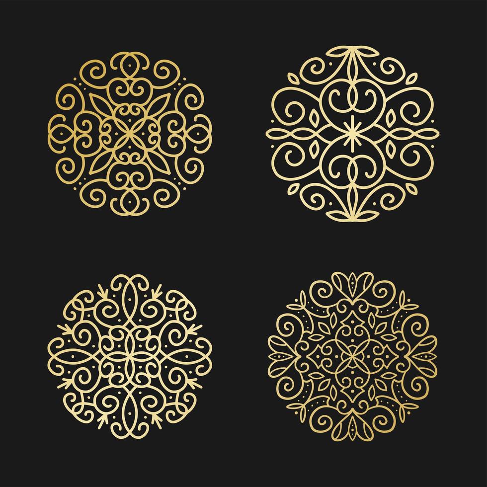 Set of 4 Golgen mandalas. Asian, arabian, korean decorative flower round shapr decor collection. Pattern in ornament circle. Linear vector illusrtation.