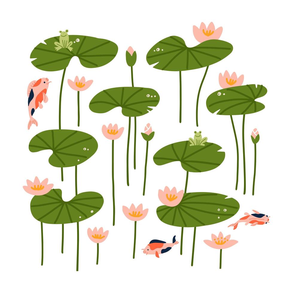 Lotus flower and lotus leaf set. Collection of side view lily leaves with fishes koi. Hand drawn flat design style minimal vector illustration.