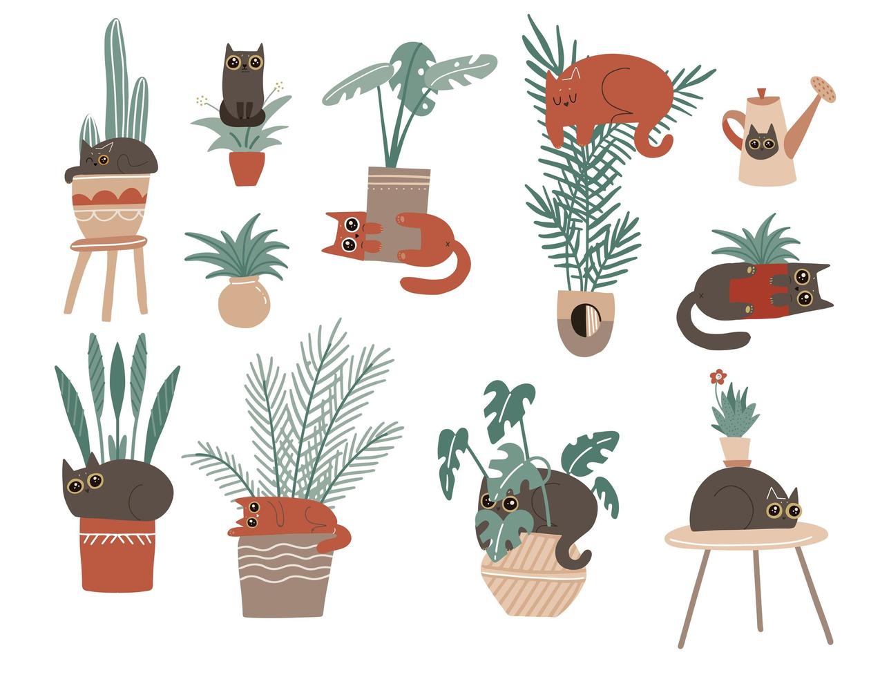 Collection of cute feline characters playing with trendy home plants. Set of many types of indoor flowers in a cache-pot - palm, cactus, ficus. Cute cat characters for poster, postcard, t-shirt prints vector