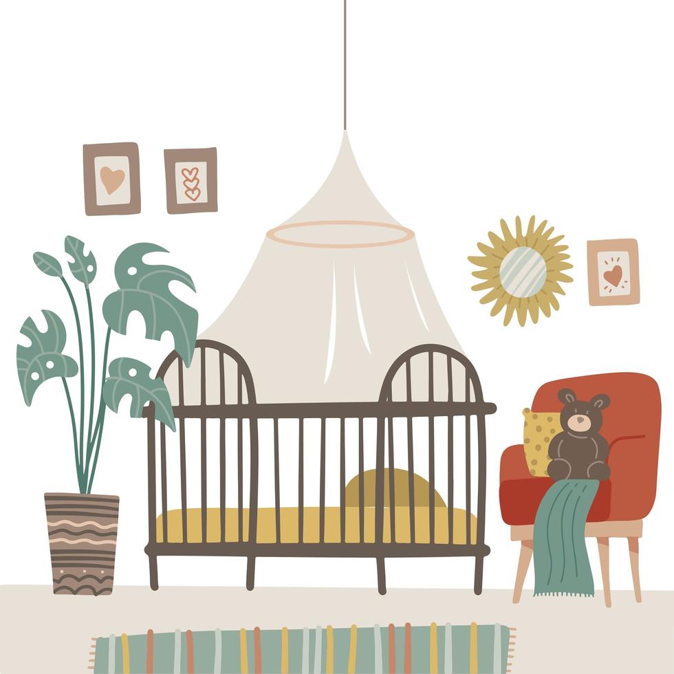 Child room in pastel colors for the newborn baby. Baby room with furniture. Nursery interior with babycot, armchair and plant. Vector flat hand drawn illustration.