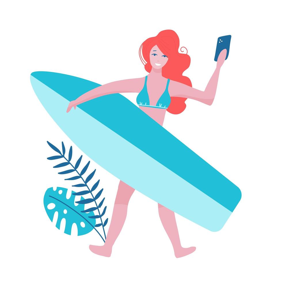 mujer joven en traje de playa de verano haciendo selfie, disfrutando de vacaciones, piel bronceada, ropa deportiva. ilustración de dibujos animados de estilo plano vectorial, aislado, fondo blanco. vector