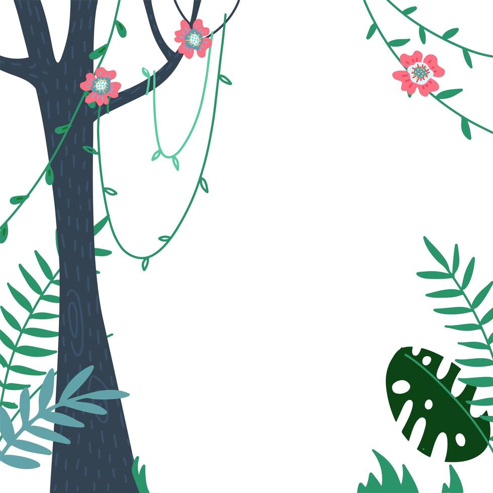 hojas de selva y póster de ilustración vectorial de marco tropical de verano. bienvenidos a la jungla, hojas de palma con flores exóticas de la jungla, tronco de árbol y liana para la pancarta o afiche de venta de verano. vector