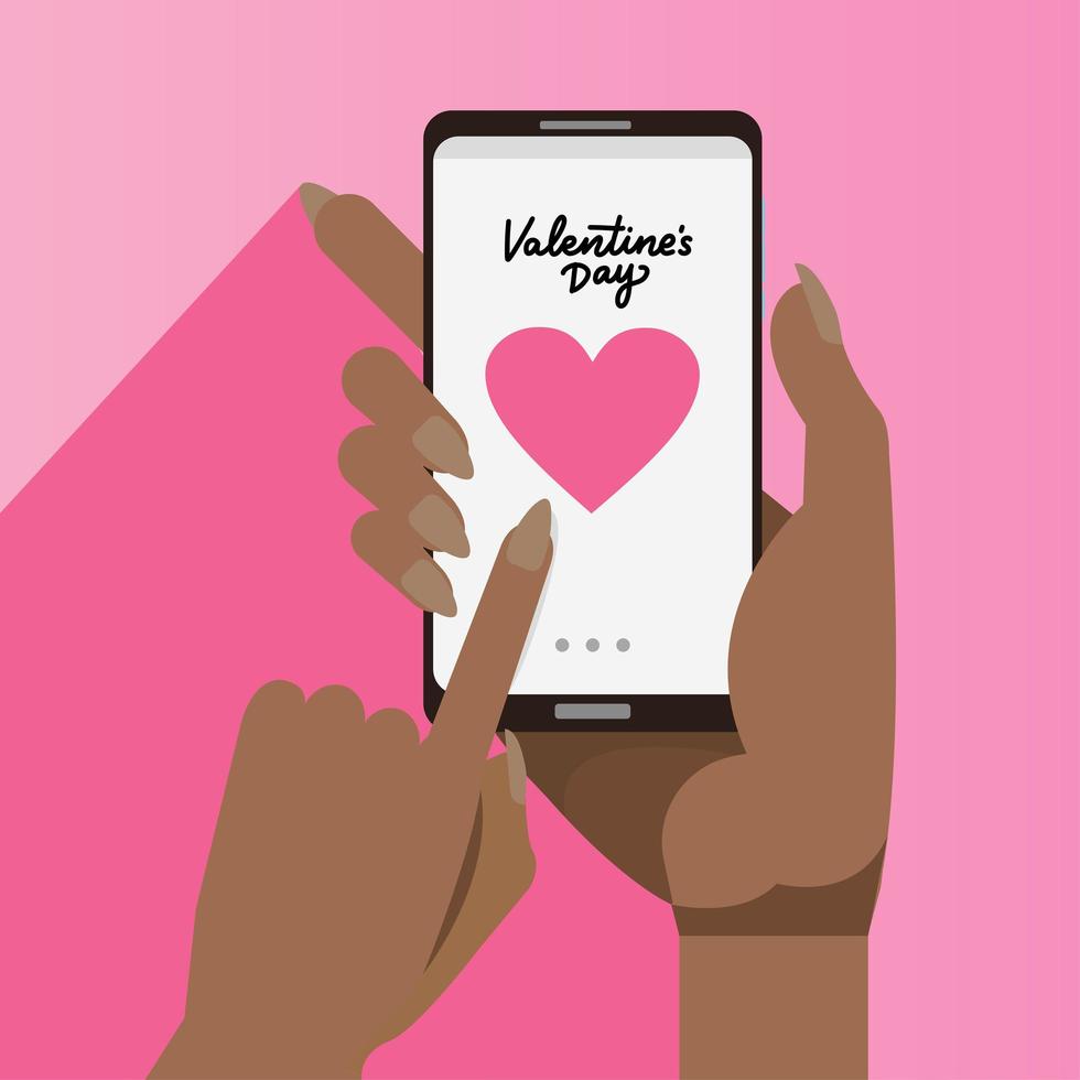 female african hands holding smartphones with big heart on the screen. Happy valentines day concept. Afro american woman lovers chat in mobile app internet communication. vector