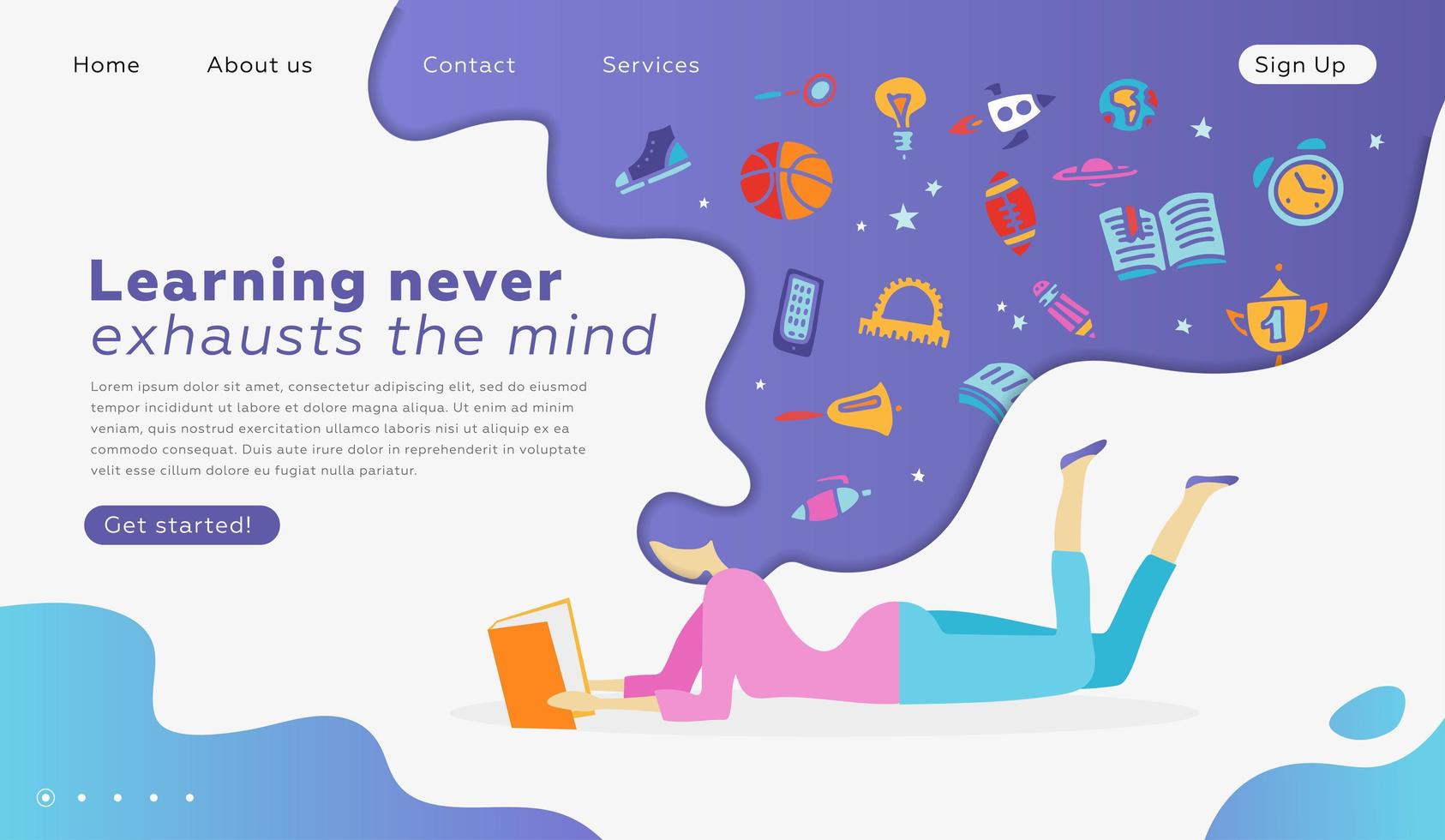 Web page design templates for education, learning, back to school. Modern vector illustration concept for website and mobile website development. Lying Girl reading a book. School supplies in thoughts