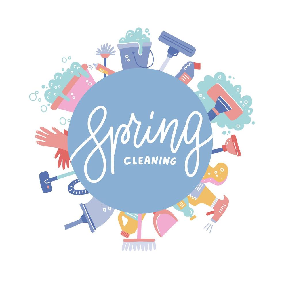 Cleaning service banner template - flat cartoon house cleaning tools and supplies arranged in a circle around ad lettering text.Broom, bottles, bucket, mop, vacuum. Flat hand drawn vector illustration