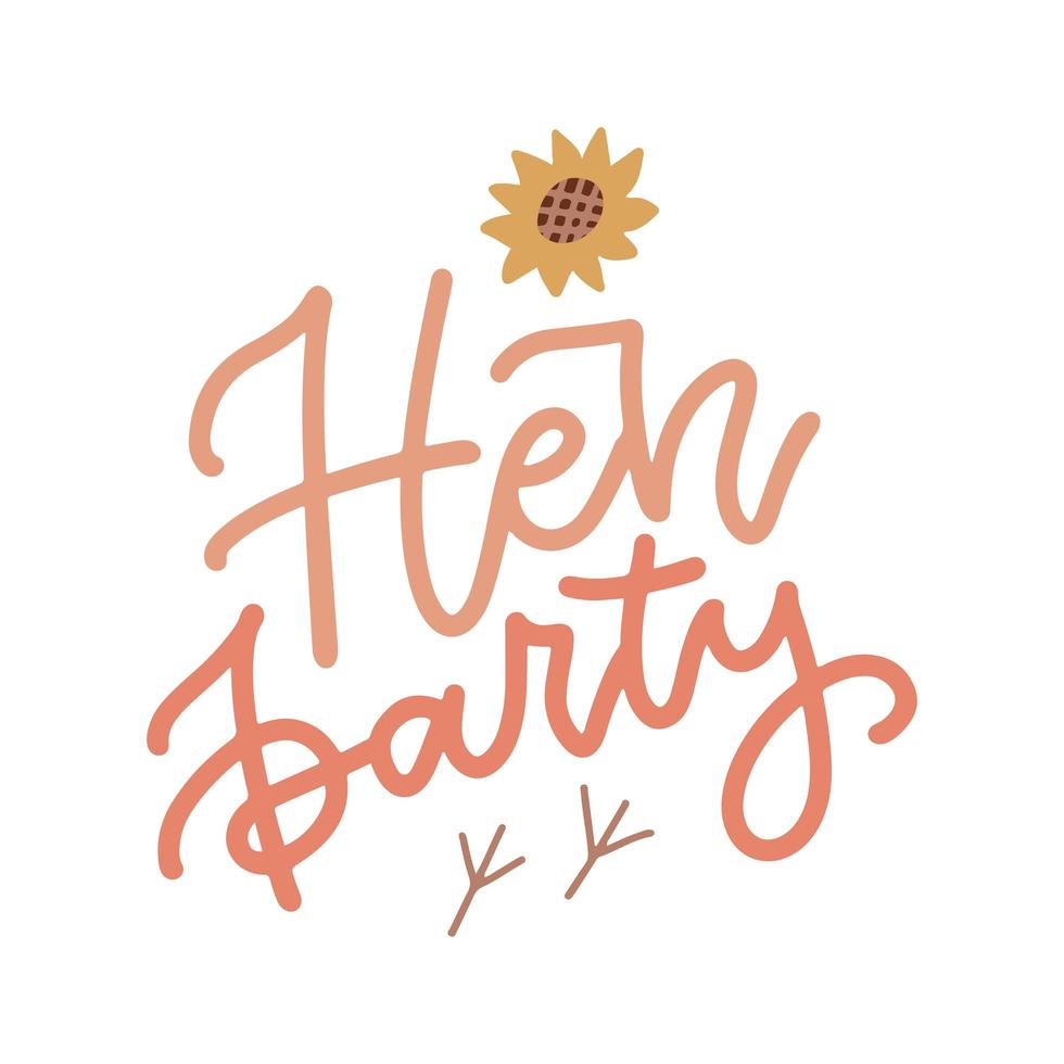 Hen party - hand drawn lettering concept for postcard invitation, Flat vector illustration with birds footprints and sunflower.