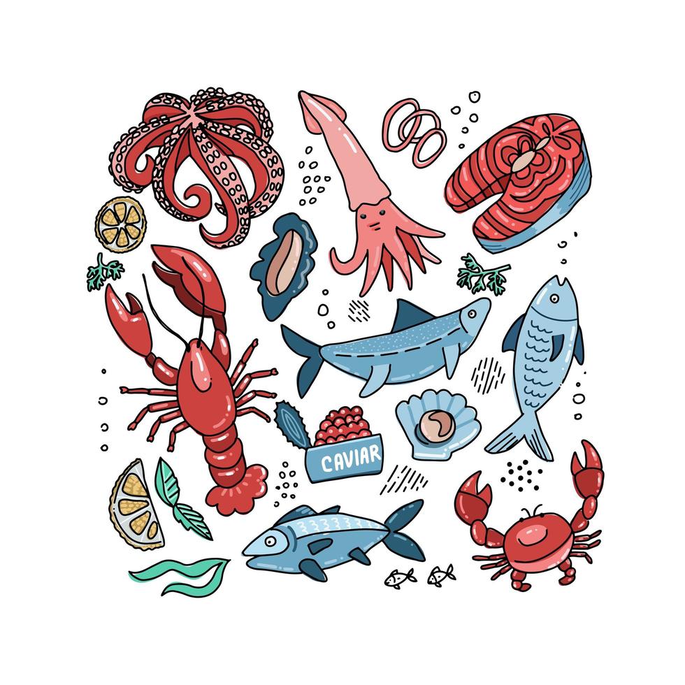 Set of flat color doodle hand drawn rough simple seafood sketches. Vector illustration on white background. Fish slices, lobster, crab, squid for web design, textile prints, covers, posters, menu