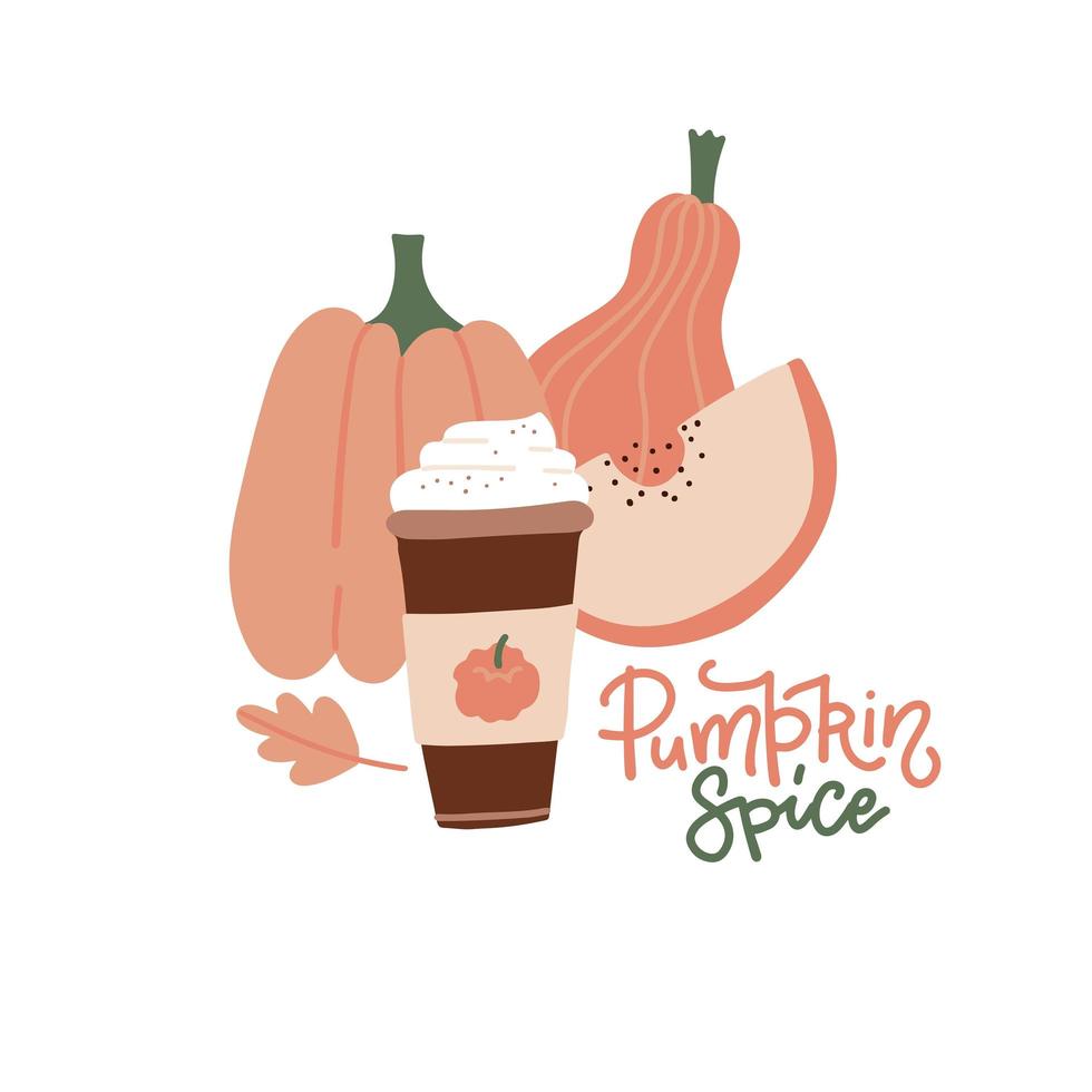 café con leche con especias de calabaza taza de café de papel caliente con crema, canela, hojas de roble otoñales, cita con letras - especias de calabaza. ilustraciones planas vectoriales sobre un fondo blanco aislado. vector