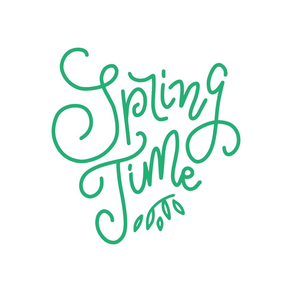 frase de letras de caligrafía verde tiempo de primavera. texto aislado dibujado a mano vectorial. sketch doodle diseño de línea de moda para tarjeta de felicitación, álbum de recortes, impresión vector